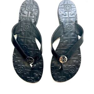 Tory Burch Black Leather Logo, Embossed Insole Flip Flop Sandals, 7, damage